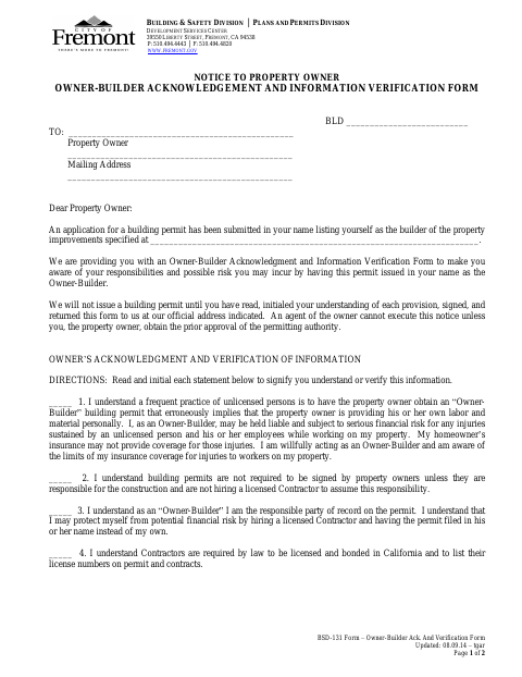 First page of the Owner-Builder Acknowledgment and Information Verification Form