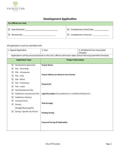 First page of the Zoning / Development Application