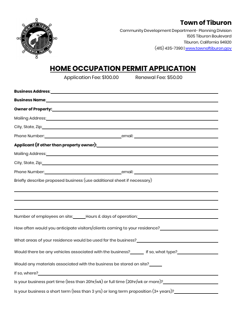 First page of the Home Occupation Permit Application