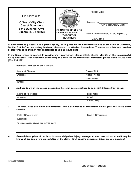 First page of the Claim for Money or Damages Against the City of Dunsmuir