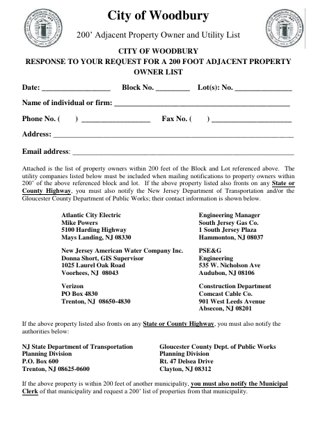 First page of the 200-Foot Adjacent Property Owner and Utility List Request