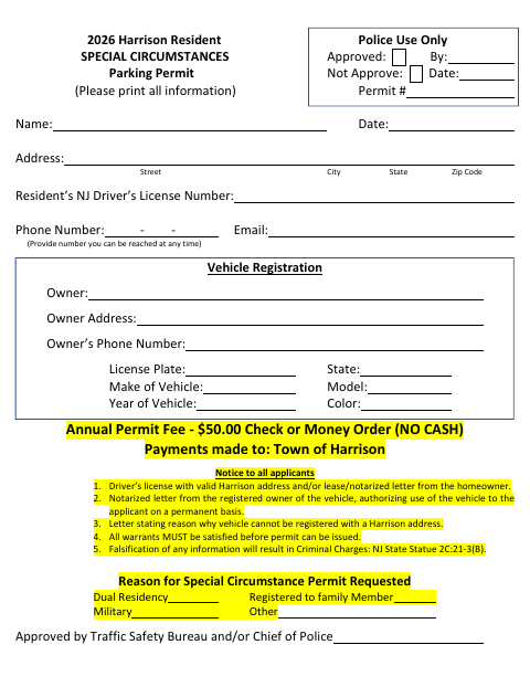 First page of the Special Circumstance Parking Permit