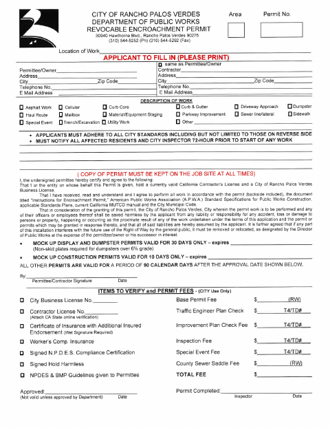 First page of the Revocable Encroachment Permit Application