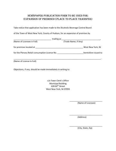 First page of the Newspaper Publication Form for Expansion of Premises