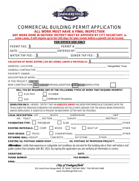 First page of the Commercial Building Application