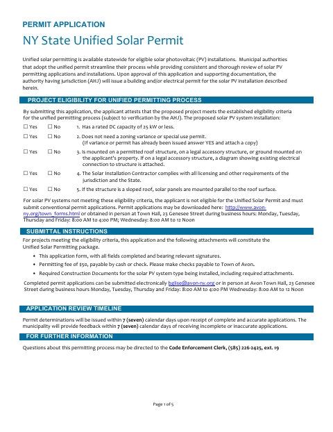 First page of the NY State Unified Solar Permit