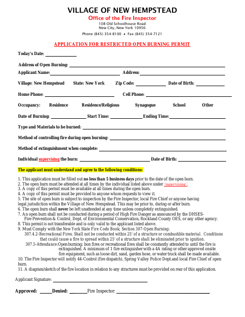 First page of the Application for Restricted Open Burning Permit