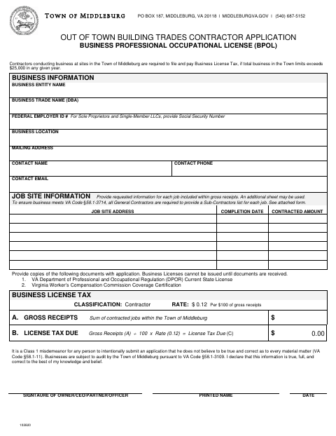 First page of the Out of Town Contractor Application