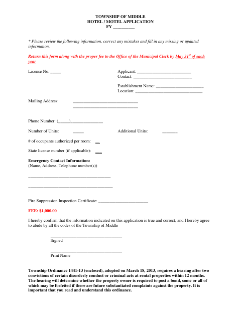 First page of the Hotel / Motel Application