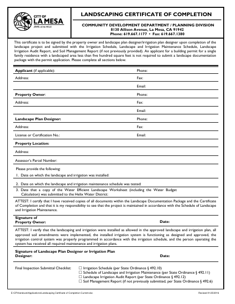 First page of the Landscaping Certificate of Completion