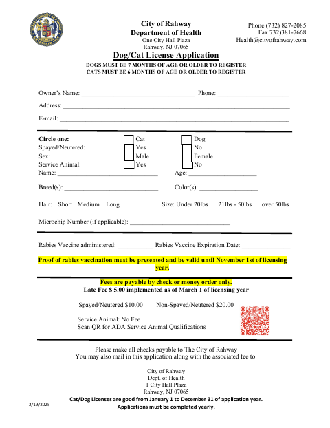 First page of the Dog/Cat License Application