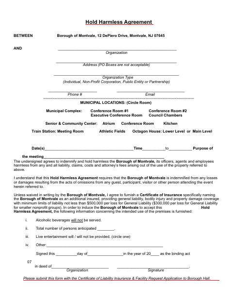 First page of the Hold Harmless Agreement
