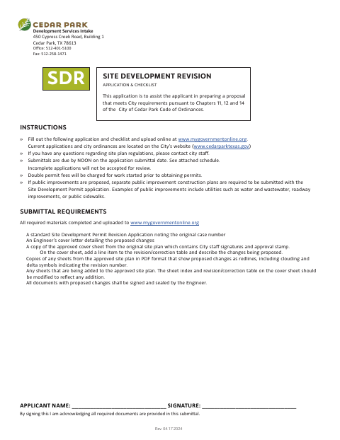 First page of the Site Development Revision Application & Checklist