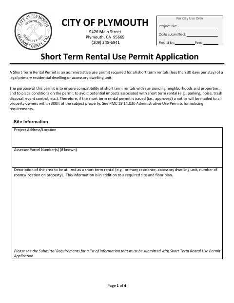 First page of the Short Term Rental Use Permit Application