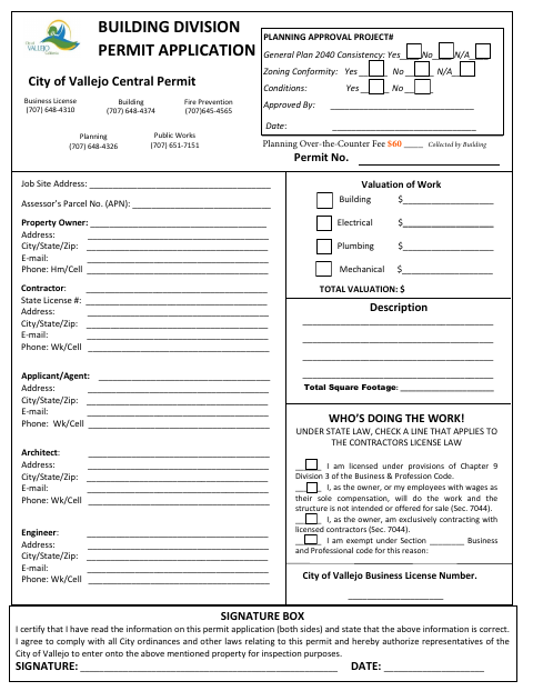 First page of the Building Division Permit Application