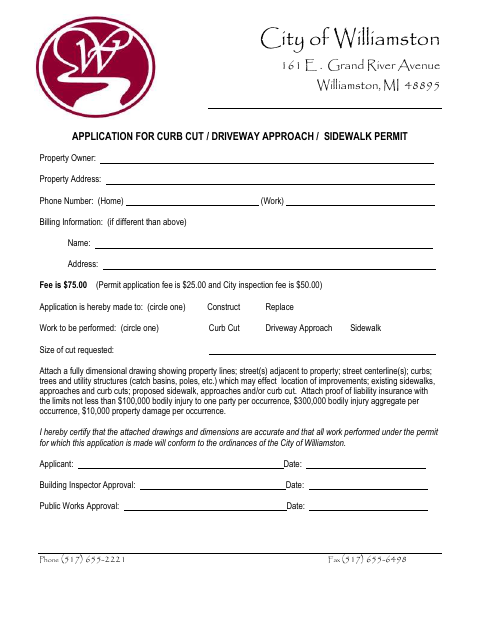 First page of the Curb Cut, Driveway Approach, or Sidewalk Permit Application