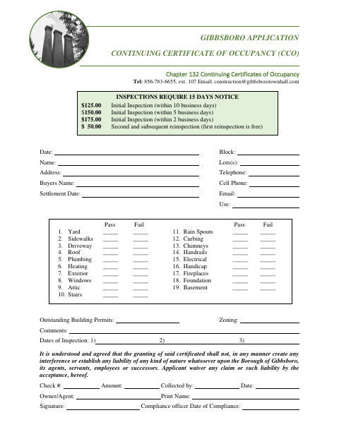 First page of the Continuing Certificate of Occupancy Application
