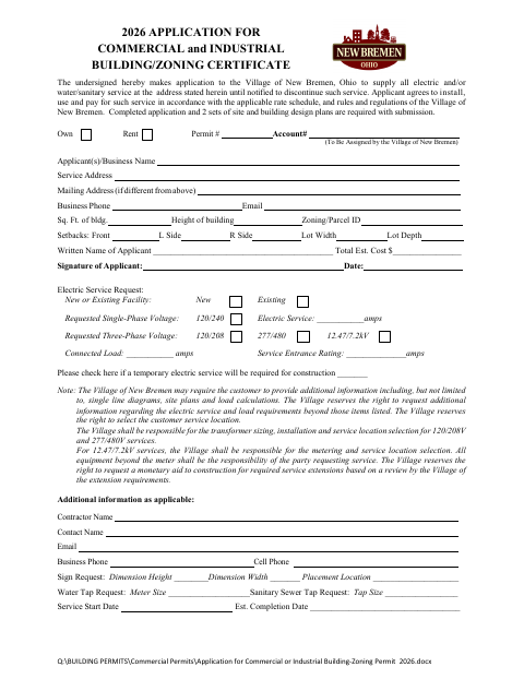 First page of the Application for Commercial and Industrial Building/Zoning Certificate