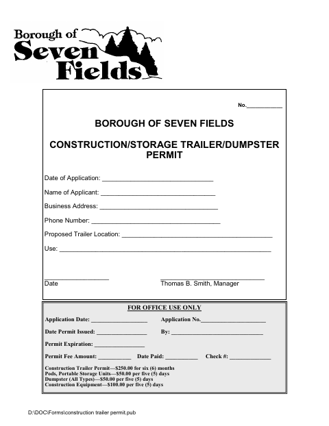 First page of the Construction, Storage Trailer, and Dumpster Permit