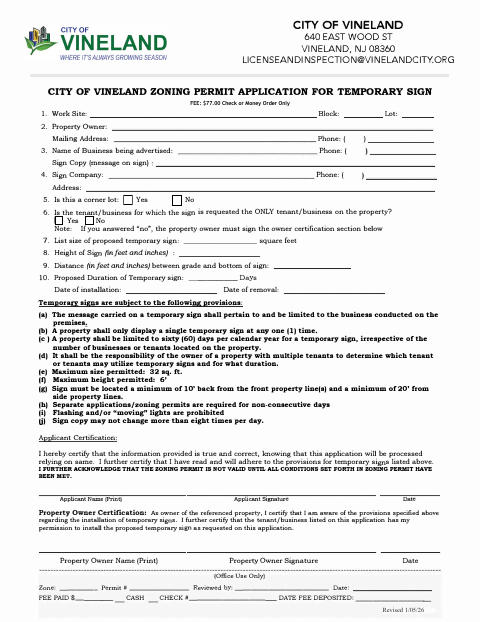 First page of the Zoning Permit Application for Temporary Sign
