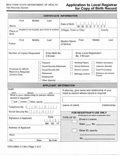 First page of the Application to Local Registrar for Copy of Birth Record