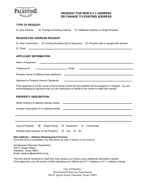 First page of the Request for New 9-1-1 Address or Change to Existing Address