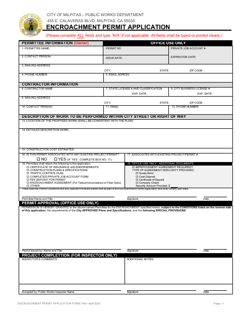First page of the Encroachment Permit Application Form