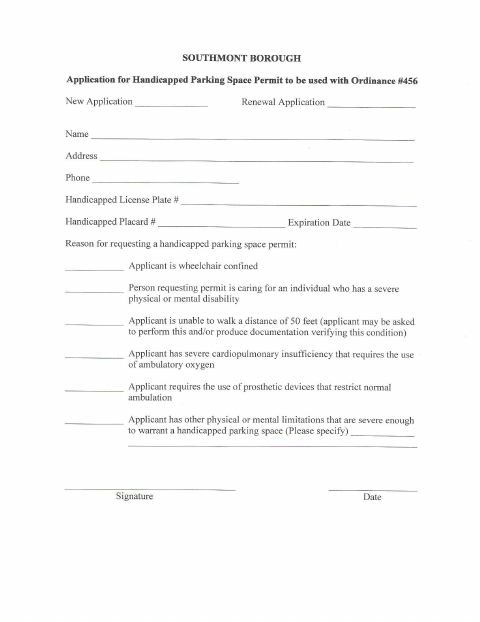 First page of the Handicap Parking Space Application