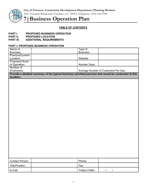First page of the Business Operation Plan