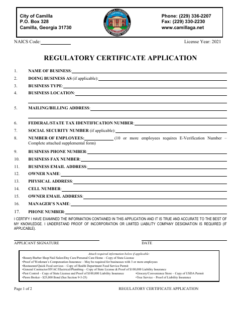First page of the Regulatory Certificate Application SAVE and E-Verify Affidavit