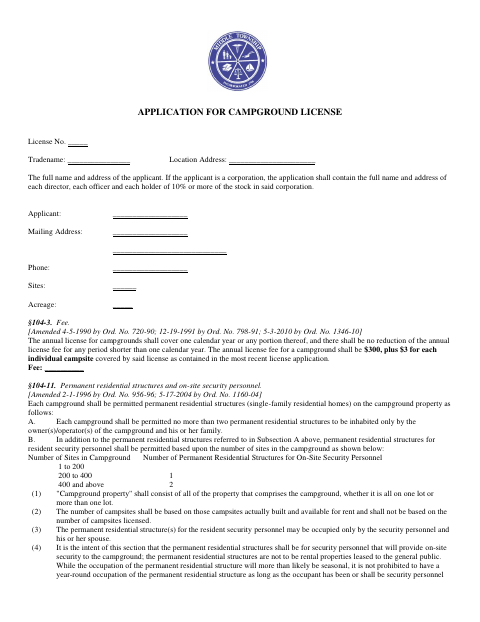 First page of the Application for Campground License