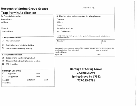 First page of the Grease Trap Permit Application
