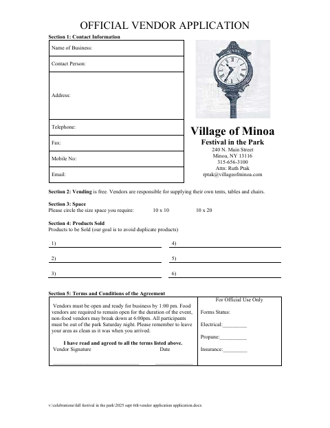 First page of the Official Vendor Application