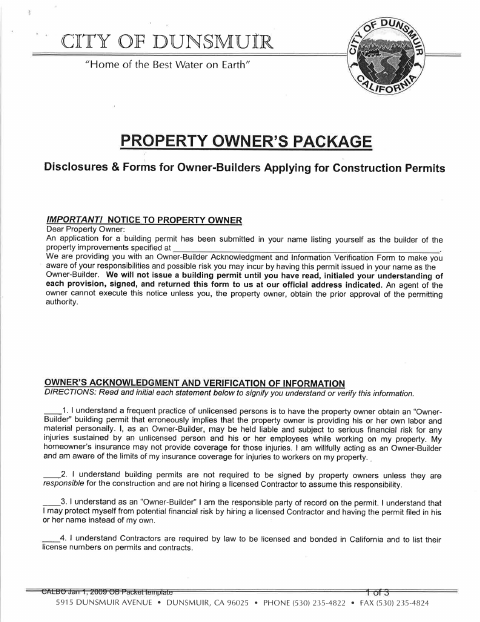 First page of the Owner Builder Acknowledgement Form