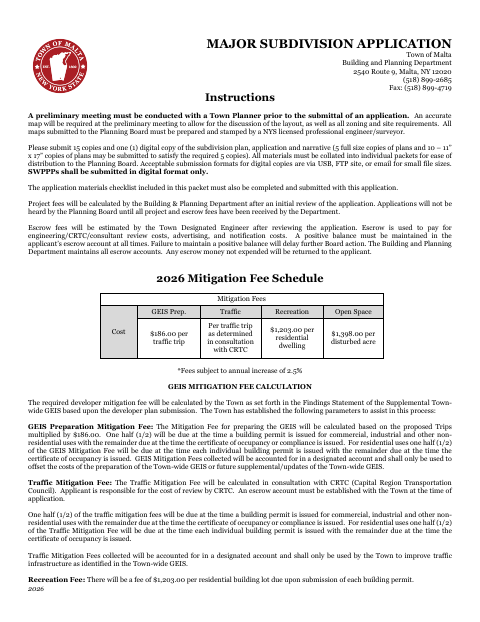 First page of the Major Subdivision Application