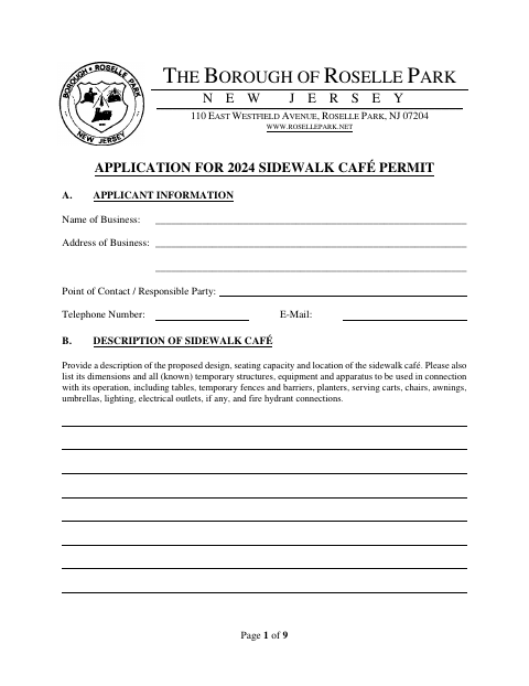 First page of the Sidewalk Café Permit Application
