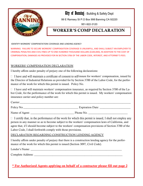 First page of the Worker’s Compensation Declaration and Authorized Agent Form