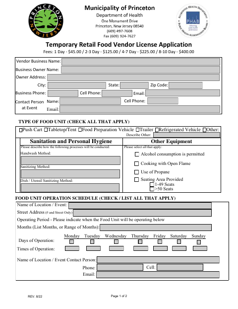 First page of the Temporary Retail Food Vendor License Application