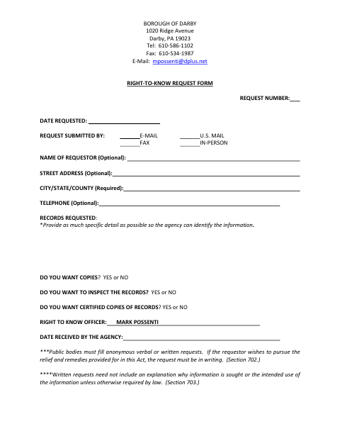 First page of the Right-To-Know Request Form
