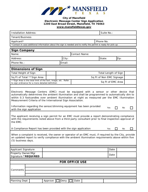 First page of the Electronic Message Center Sign Application