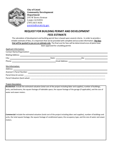 First page of the Request for Building Permit and Development Fees Estimate