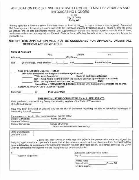 First page of the Fermented Malt Beverage and Intoxicating Liquor License Application