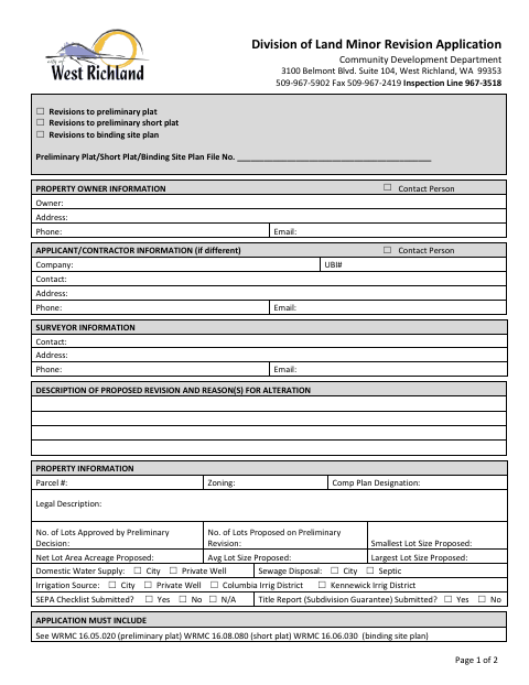 First page of the Division of Land Minor Revision Application