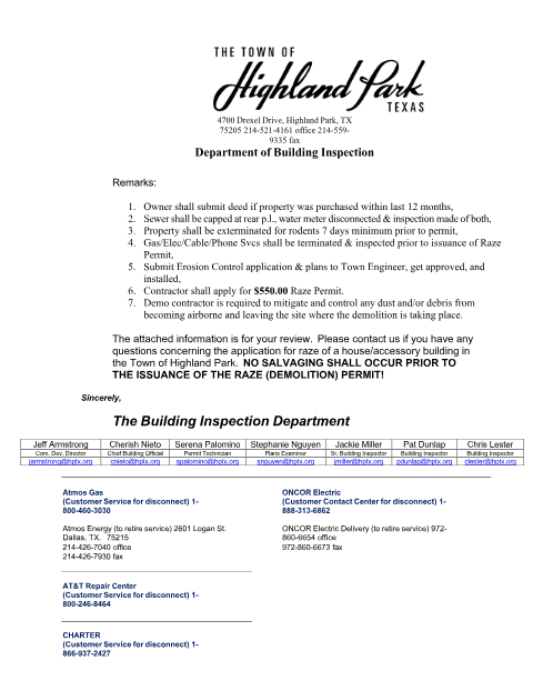 First page of the Raze (Demolition) Packet - Single Family
