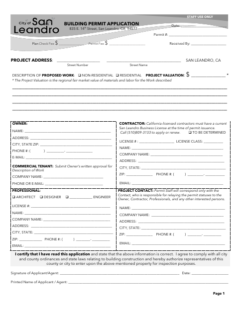 First page of the Building Permit Application
