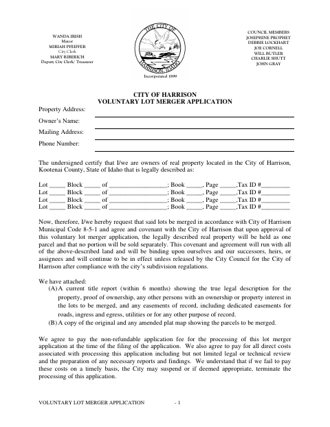 First page of the Voluntary Lot Merger Application