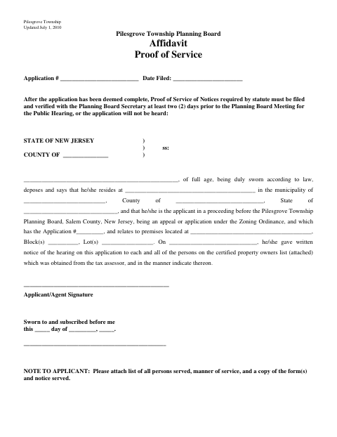 First page of the Affidavit Proof of Service
