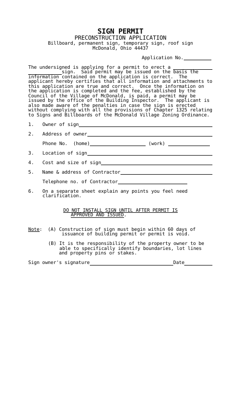 First page of the Sign Permit Preconstruction Application