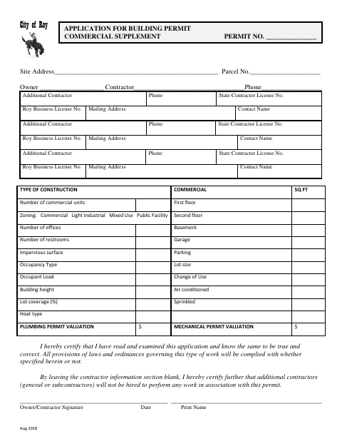 First page of the Application for Building Permit Commercial Supplement