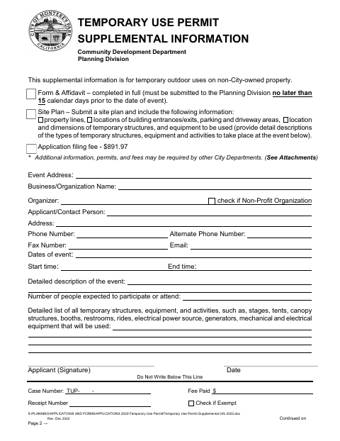 First page of the Temporary Use Permit Supplemental Information